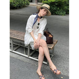 White Sunscreen Shirt With Tight Waist Shorts Summer Thin Old Money Style Wearing Linen Cotton Suit