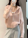 Korean Atmosphere Feels Autumn And Winter Wearing A Pink Sweater Wearing A Female Zipper Coat Hooded Knitted Open Shirt