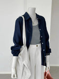 CHAO Class Recommendation!Fashion Contour Style ~ Korean Version Of Tibetan Blue Collar Loose Feeling Thin Breathable Linen Shirt