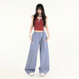 Vintage Niche Design Curved Broad Leg Pants Tidive Casual Free Blue Lattice Tug Trousers Spandex