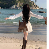 High-Grade Big-Name Sweet Peach White Long-Sleeved Sunscreen Dress Women's Holiday Small White Dress Small Man To Give Belt