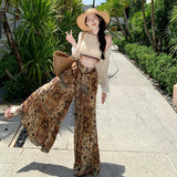 2025 Bohemian Print High-Waisted Broad Leg Trousers Yunnan Thailand Tourist Tug Trousers + Vest