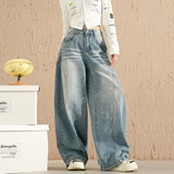 Cute Street Loose Broad Leg Three-Dimensional Cut-Shaped Water Wash Jeans Drag Floor Pants Nine-Point Trousers Length