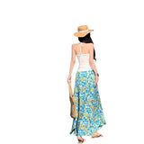 Seaside Holiday Style Suit French Rope Smear Vest Top Woman Early Autumn Blue Floral Half Dress Two Sets