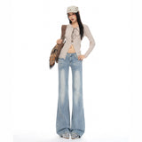 Vintage Leopard Splicing Design Tupling Zipper Embroidered Cat-Stle Wash Thorn Trousers