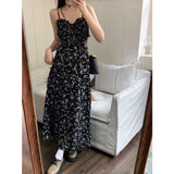 Black Broken Flower Dress Women 2026 Summer Slim Suspension Dress Temperament Tea Dress French Dress