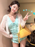 Milk Yellow Lace With Lotus Leaf Side Swimsuit Women Knitted Cardigan Two Sets Of Meat Cover Thin Hot Spring Holiday Swimsuit