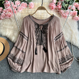 Ocean Gas Age-Reduced Retro Heavy Industry Embroidered Round Tie With Lantern Sleeve Shirt Women Loose Leisure Holiday Top