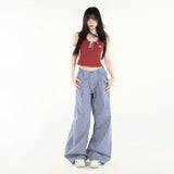 Vintage Niche Design Curved Broad Leg Pants Tidive Casual Free Blue Lattice Tug Trousers Spandex