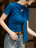 High-Grade Blue Hollow Ribbon With Short-Sleeved T-Shirt 2026 Summer New Light Luxury Ocean Color Thin Age Blouse
