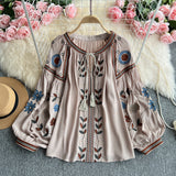 National Wind Heavy Industry Embroidery Round Tie With Lantern Sleeve Top Woman Autumn New Loose Thin Shirt Woman