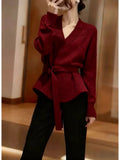 Korean Wearing Gray V-Neck Long-Sleeved Knitted Shirt Women's Autumn And Winter Loose Lazy Waist Sweater Inside The Bottom Top