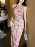 Pink Crumbs Hanging Neck Sling Dress Woman Body Slashing Holiday Dress Fishtail Fork Skirt