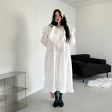2025 New Korean Chic Niche Design Lace Splicing Lotus Leaves Side Loose Long Dress 2 Colors