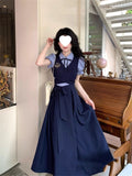 Deep Blue Scale College Style Splicing Two Waist Reduction Temperament Long Dress Early Autumn Polo Collar Skirt