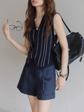 Blue Striped Knitted Horse Jacket Vest Women's Summer Wear 2025 New Temperament V Collar Old Money Blouse