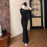 Sexy Black Lace Splicing V-Neck Long-Sleeved Dress Female Autumn New Temperament To Close The Waist Thin A Skirt Dress