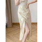 2026 New Chinese Style High-Rise Thin Open Wrinkled Folded Folded Acetic Fishtail Dress Female Summer Apricot Half Skirt