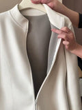 The New Slimming Warm Double Zipper Open-Shirt With Autumn And Winter Milk White Collar Long Sleeve Jacket