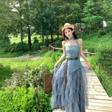 Sichuan Xinjiang Original Tourism Wearing Summer Blue To Wipe The Chest Irregular Net Yarn Skirt Suit