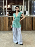 Korean Temperament Sweet Sister Style V Collar Short Sleeves Waist Top Summer New Thin Niche Outside Wearing A Solid Color T-Shirt