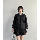 Korean Chic Design Is Sweet Heavy Industry Wood Ear Splicing Age-Rearing Shirt + High-Waist Shorts Two-Set 2 Color