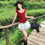 Red Round Collar Small Flying Sleeves Dot Shirt White Lotus Leaf Side Top + High-Waisted Ballet Skirt Skirt Skirt Skirt Skirt