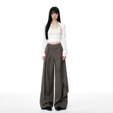 New Spring New Brown Gray Irregular Ribbon High-Rise Broad Leg Pants Women Thin Hanging Straight Slacks