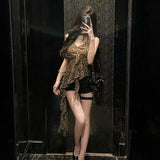 Pure-Want-Style Leopard Print Hanging Neck Sling Vest For Summer New Lotus Leaf Edges Thin Irregular Hottie Top