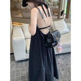 Seaside Holiday Style White Sling Dress Women Summer Sexy Bare Back Loose Skinny Beach Hanging Neck Long Skirt