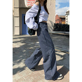 Vintage Deep Blue Striped Broad-Legged Jeans Loose Casual Straight Tug Trousers & Lengthy Vintage