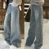 European Hot Diamond Shiny Straight Jeans Women 2026 Fashion Heavy Industry High-Level Broad Legs