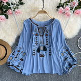Spring And Autumn Retro Loose National Style Embroidery Thin Lantern Sleeve Doll Top Female Round Collar Collar Collar Shirt