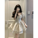 2025 Summer New French Bubble Sleeve White Dress Girl Small Man To Show Thin Unkempt Dress Princess Dress