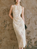 Moonlight Golden Lace Weaving Heavy Industry Three-Dimensional Embroidery Lace Lace Hollow Open Sleeveless Dress New Chinese Style