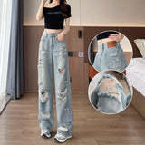 Super Fire Hole Jeans Women Summer Thin Pear Shape Tall Waist Small Broad-Legged Beggar Straight Tube Tug Trousers