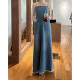 Vintage Nostalgic Temperament Behind The Open Denim Sling Dress High Waist Line Water-Washing Sling Skirt