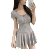 Grey Square Neck Short Sleeve Dress Summer New Hot Girl Small Man To Repair Body Body A Word Skirt