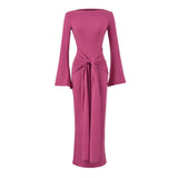 Rose Red Shoulder More Wearing French Spring And Autumn Sexy Dress Women Casual Commuting Horn Sleeves Thin Dress