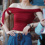Zhao Luth's Same Red One-Word Shoulder Bow T-Shirt Girl Summer Sexy Hot Girl Short Repair Body