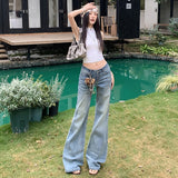 Light Blue Water Wash Classic Retro Micro-Horn Low-Rise Handmade Cat Needs Water Wash Blue Thin Jeans Woman
