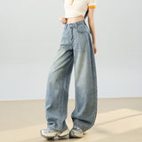 2026 Spring New Loose Broad-Legged Jeans Women's Back Bag Line Embroidery Showing Thin Straight Trousers