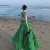 2025 French Tie With Hanging Neck Dress Female Seaside Vacation Beautiful Back Sexy Open Fork Showing Skinny Dress