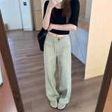 Real Shooting #Today Heavy Industry Sand Washing Nostalgic Dirty Washing Dye Structure Line Casual Pants Trousers Female Gray Green Coffee Cotton