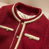 Red New Coat Down Cotton Fragrant Style French Design Fashion Temperament Long-Sleeved Top Coat Women's Clothing
