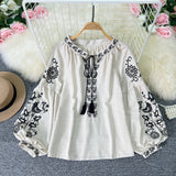 National Style Retro Heavy Industry Embroidery Tiling With Tuxedo Collar Loose Thin Age Bubble Sleeve Tops Women's Holiday Shirt