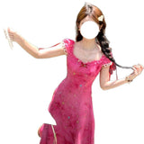 Rose Red Particularly Beautiful Thinch Waist Dress Summer Women 2025 New Light Luxury High-End Feeling Waist Slim Floral Dress