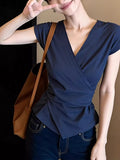 2026 Summer Beautiful Small Interior Design Feeling Unique Beautiful Blouse Important Occasion Blue V-Neck T-Shirt Girl