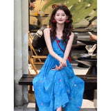French Blue Sling Dress Woman 2025 Summer New Seaside Vacation Unique Beautiful Floral Long Dress