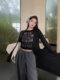Summer Retro Old Letter-Print T-Shirt Women's Thin Long-Sleeved Hoodie Loose Short-Term Umbilical Top